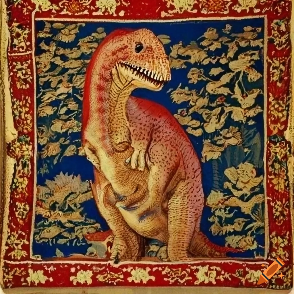 medieval tapestry featuring a dinosaur