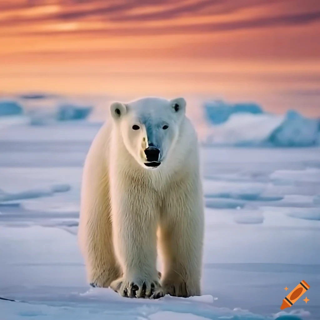 polar bear in golden hour on an ice field