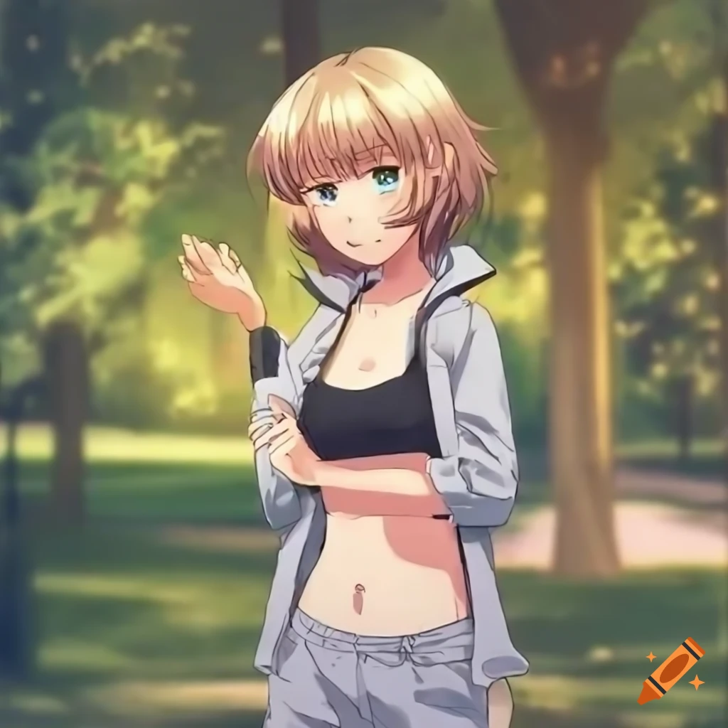 anime girl in athletic wear checking her watch in the park