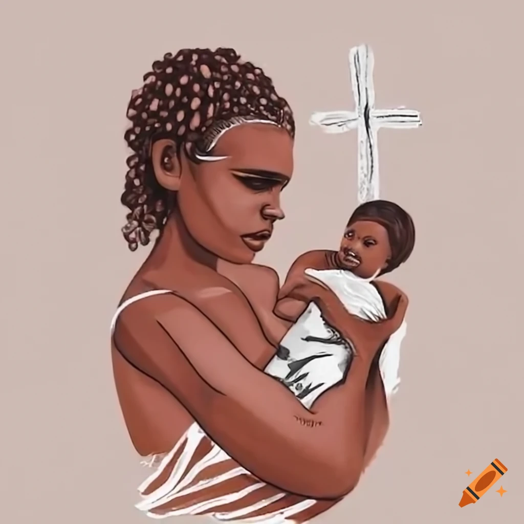 image of an aboriginal woman with her baby and a cross
