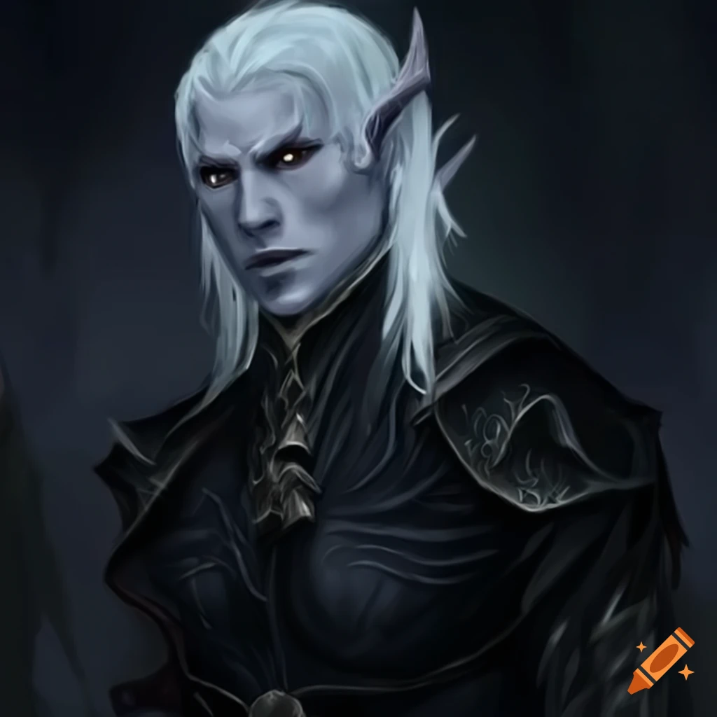 image of a male dark elf with long black hair and white skin