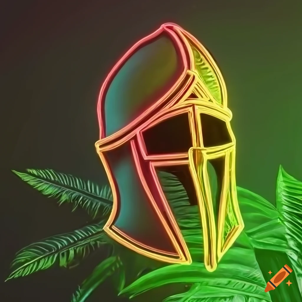 neon medieval helmet sign surrounded by tropical plants
