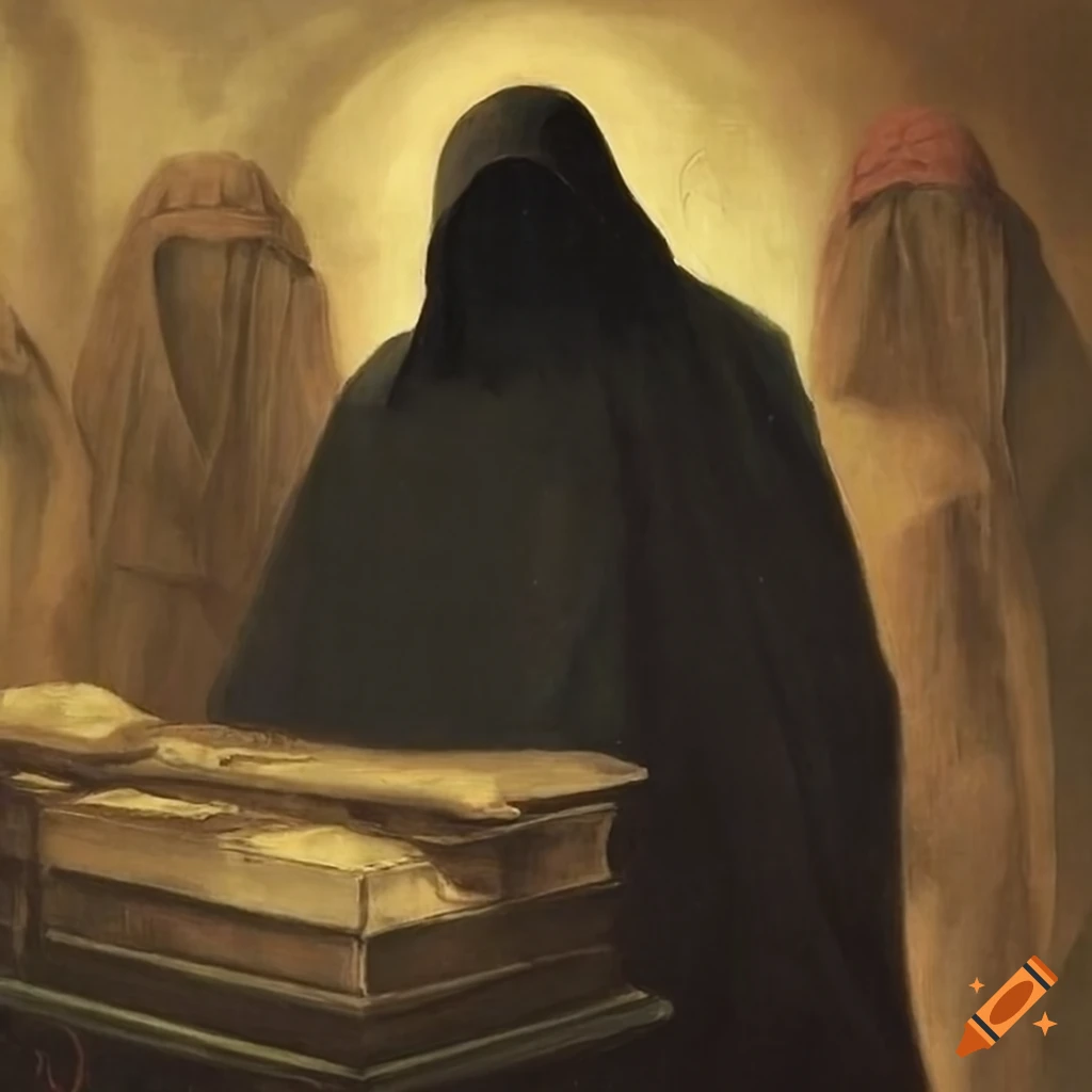 painting of hooded mourners in a grove