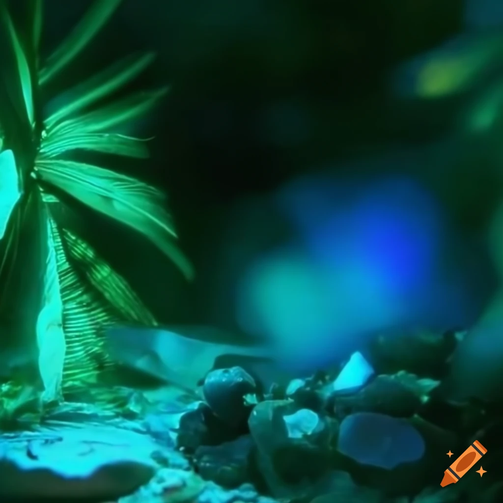 glowing quartz crystals and seashells with tropical plants