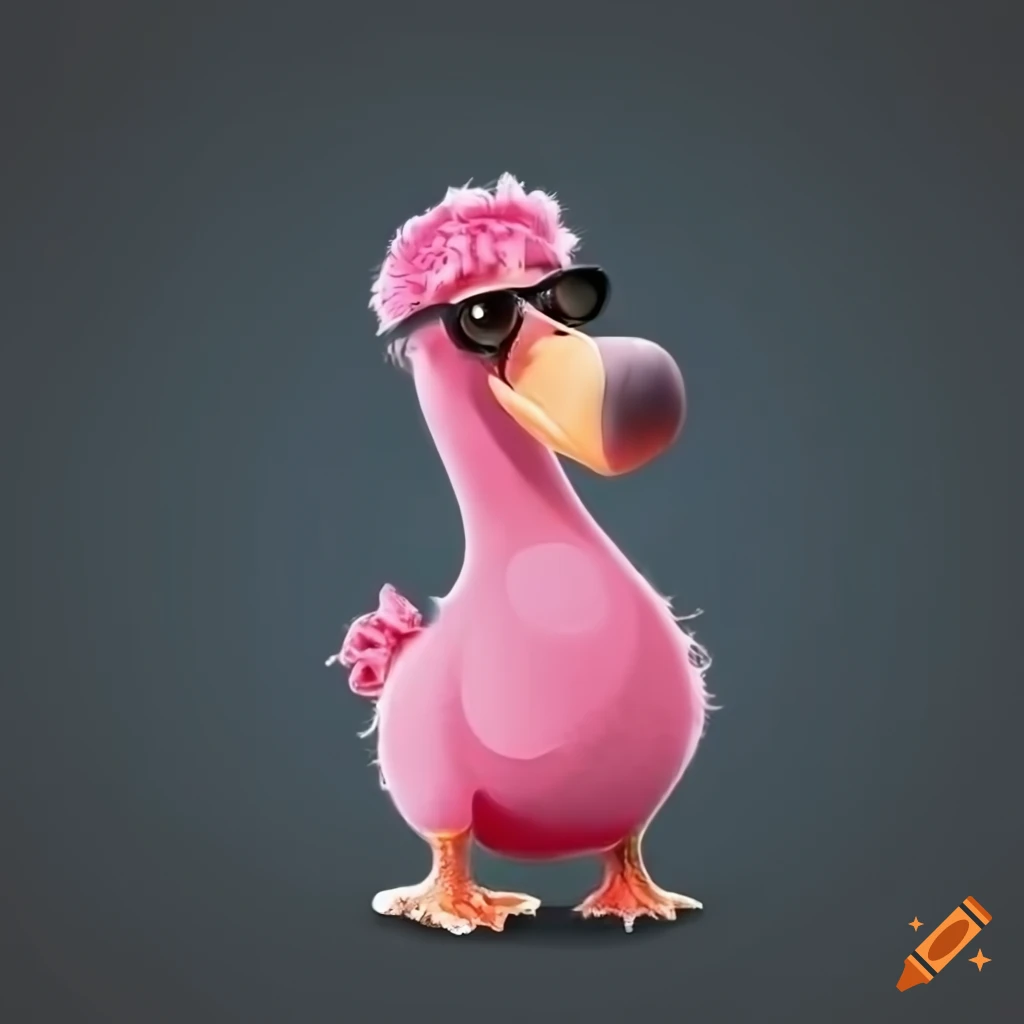 transparent image of a cute Dodo bird with pink hair and black glasses