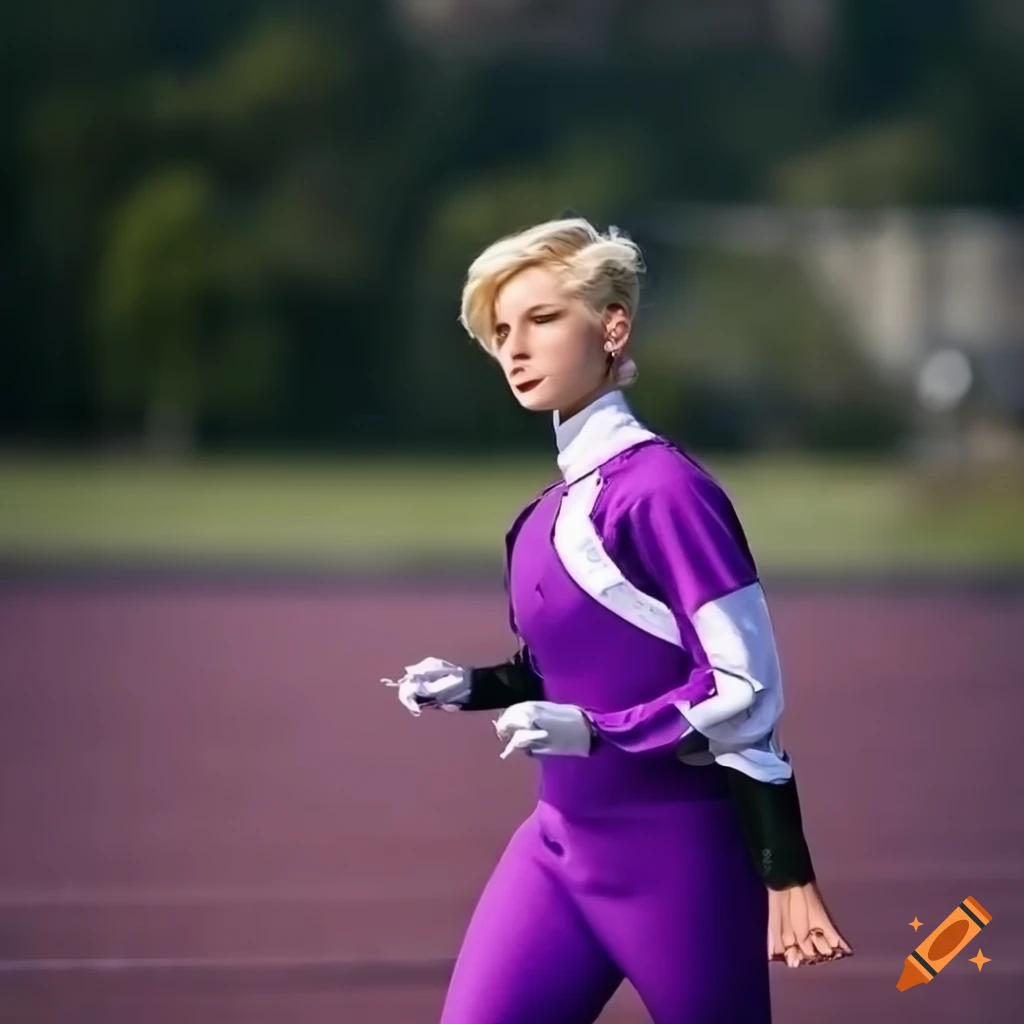 college female running in purple and black marching band uniform