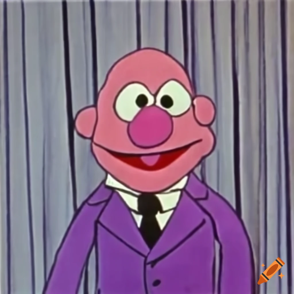 image of a bald man in a purple suit on a fake town background