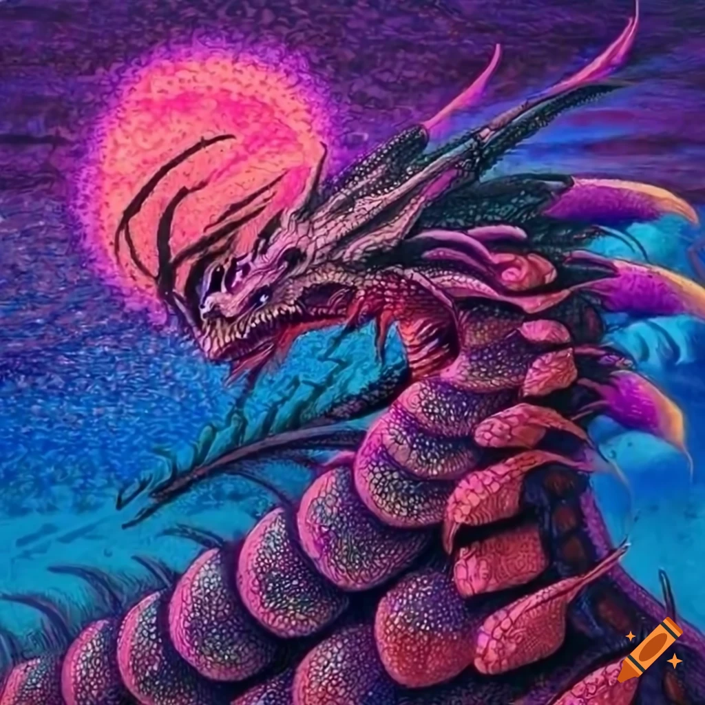 pointillism artwork of a pink dragon centipede