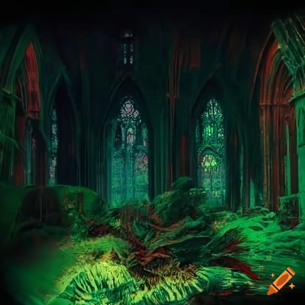 colorful tropical plants and medieval ruins