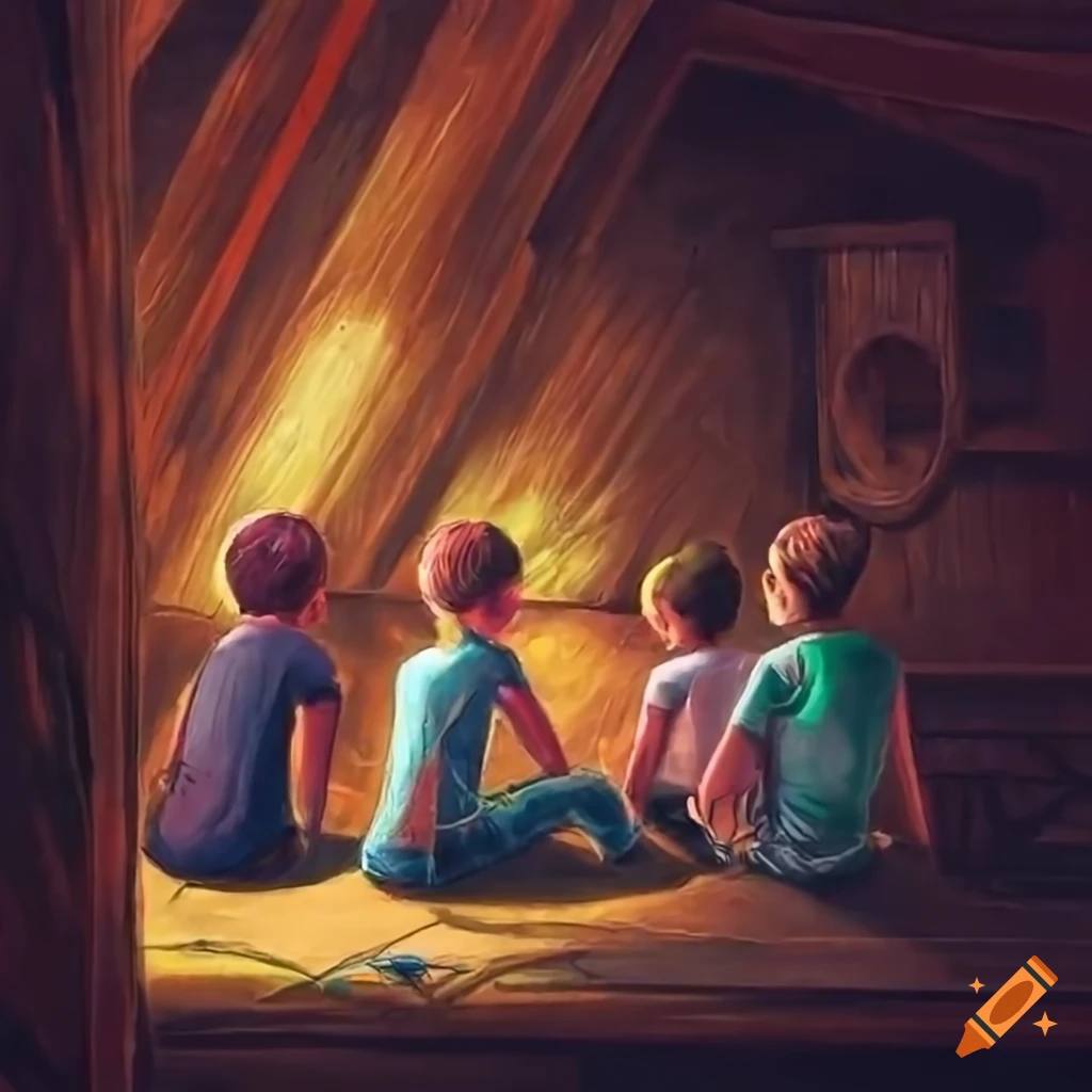 drawing of teenagers sitting in a circle in an attic