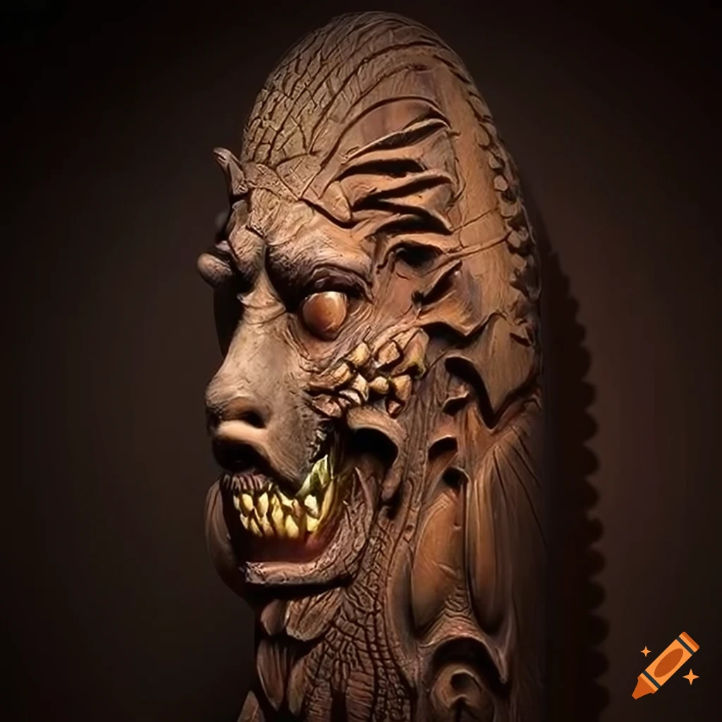 detailed moth werewolf carving artwork