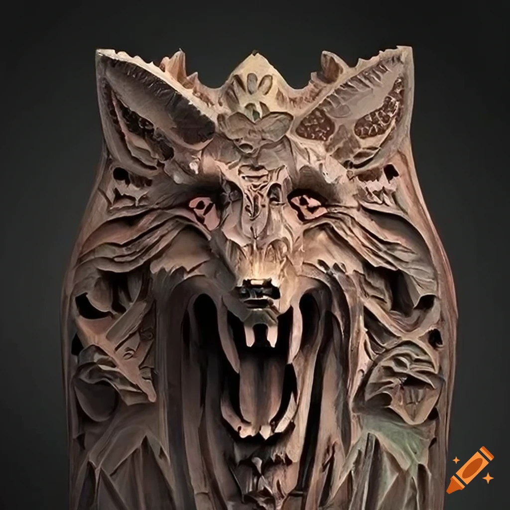 detailed carving of a moth werewolf motif