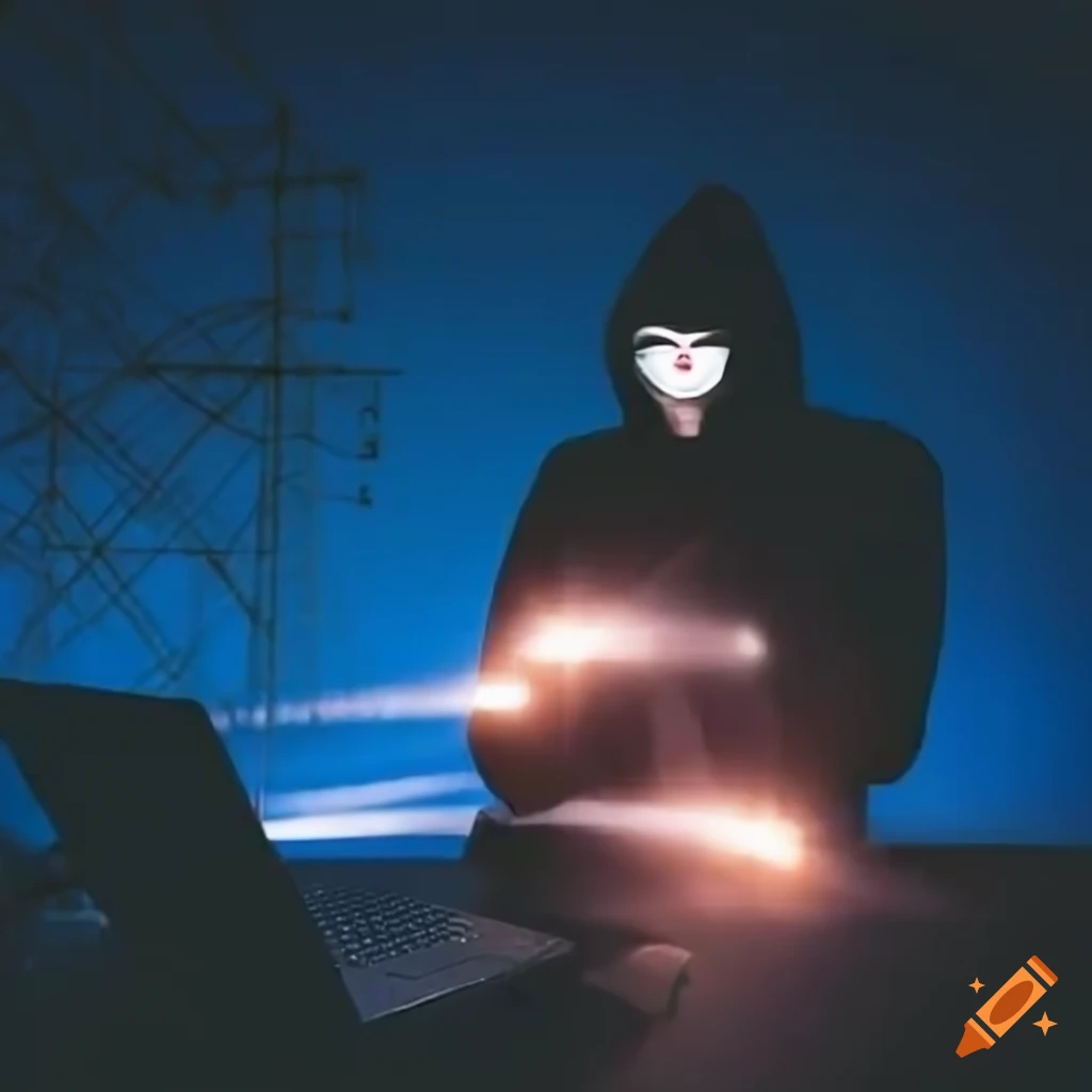 masked hacker typing on laptop at night near substation