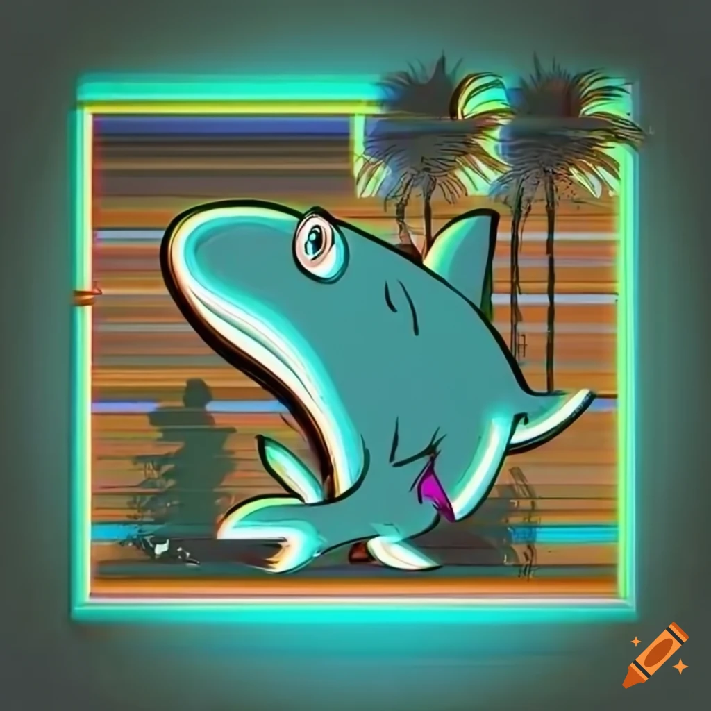neon sign of vintage cartoon shark surrounded by tropical plants