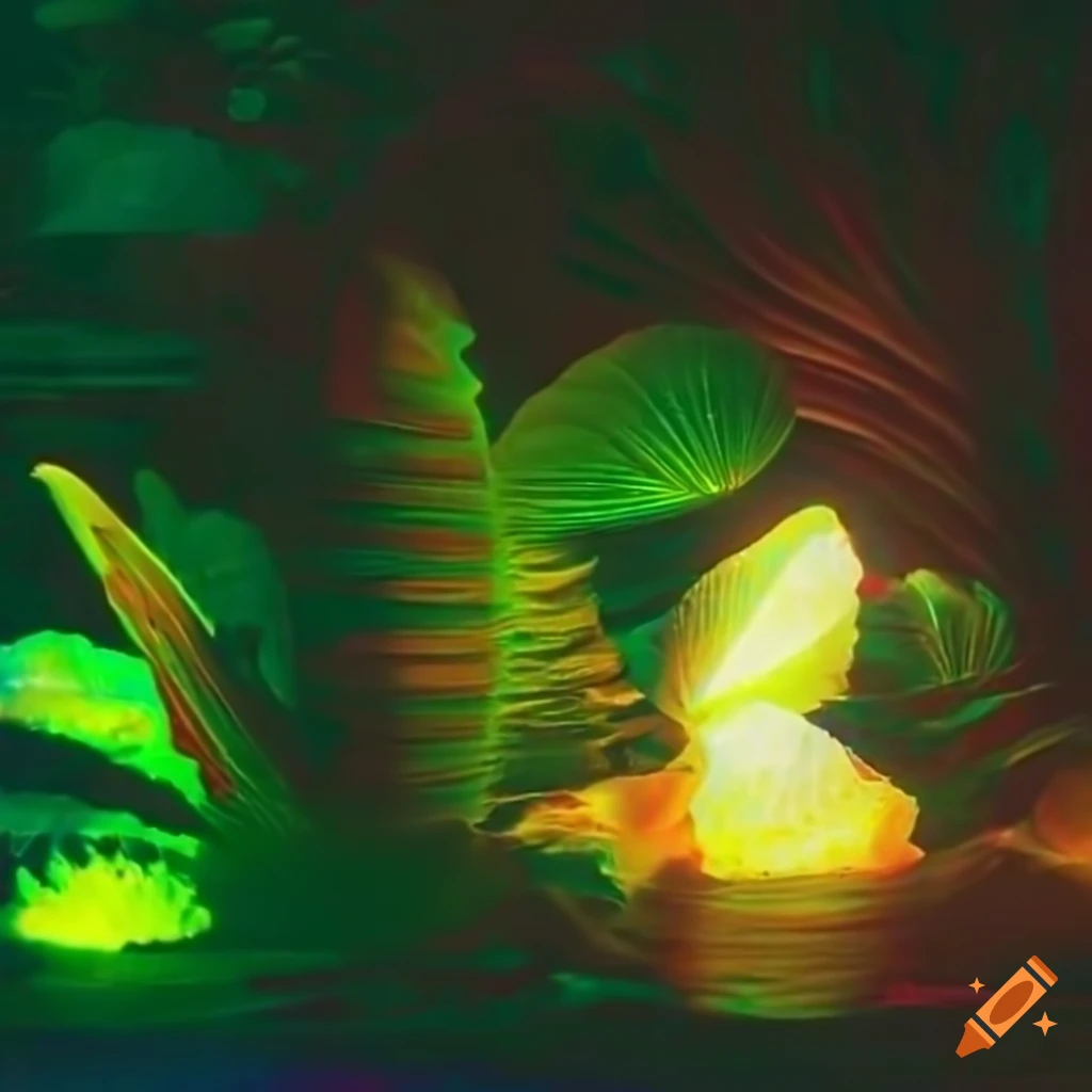 glowing quartz crystals and seashells with tropical plants