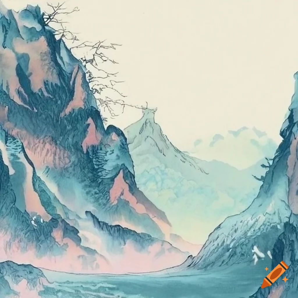 Japanese art style of a mountain landscape
