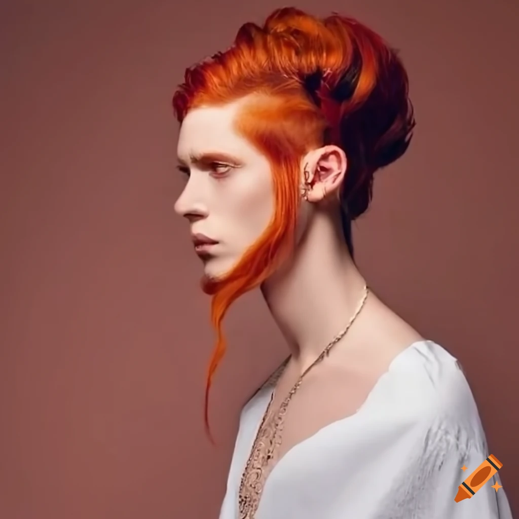 fashionable androgynous person with red hair and a vine leaf in their hair