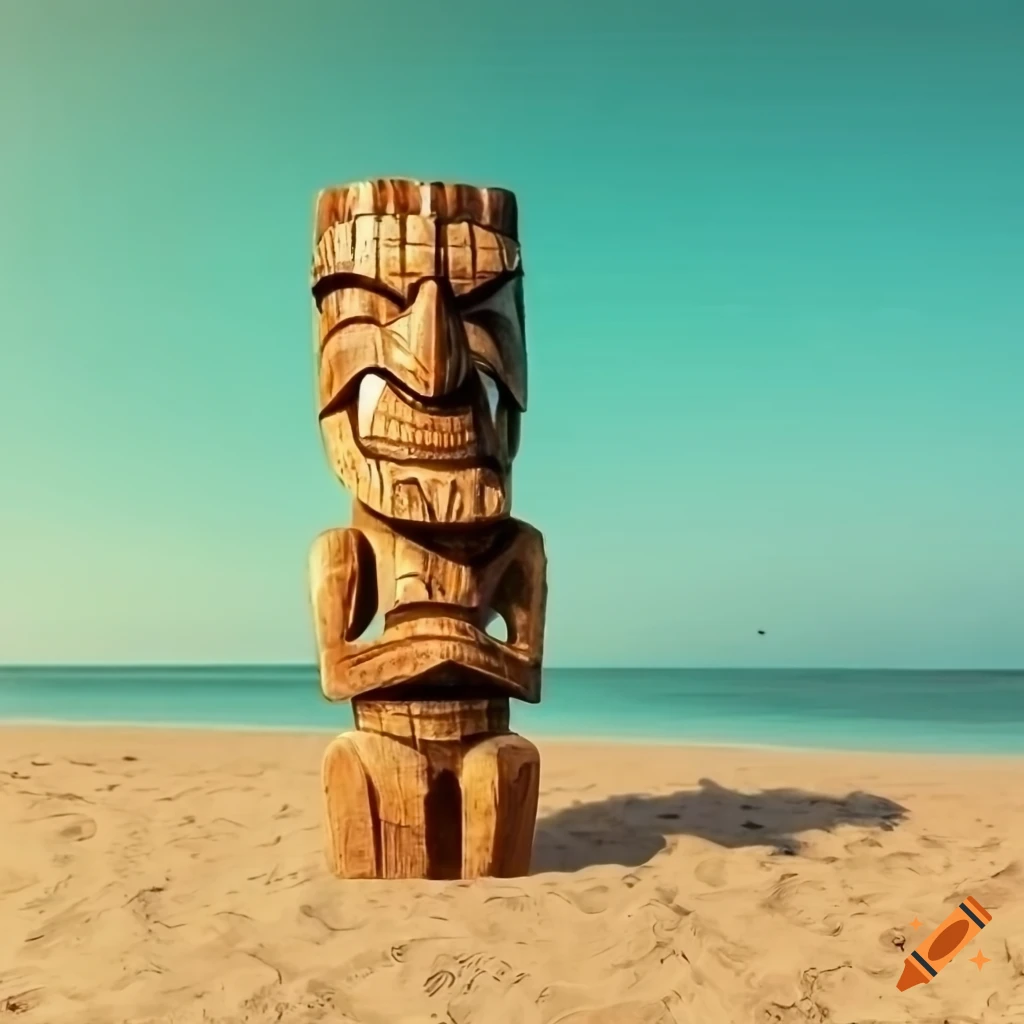 sunny beach with a wooden tiki totem