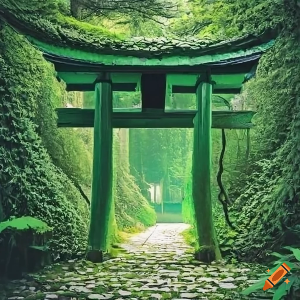 Japanese Torii gate surrounded by a lush green vine forest