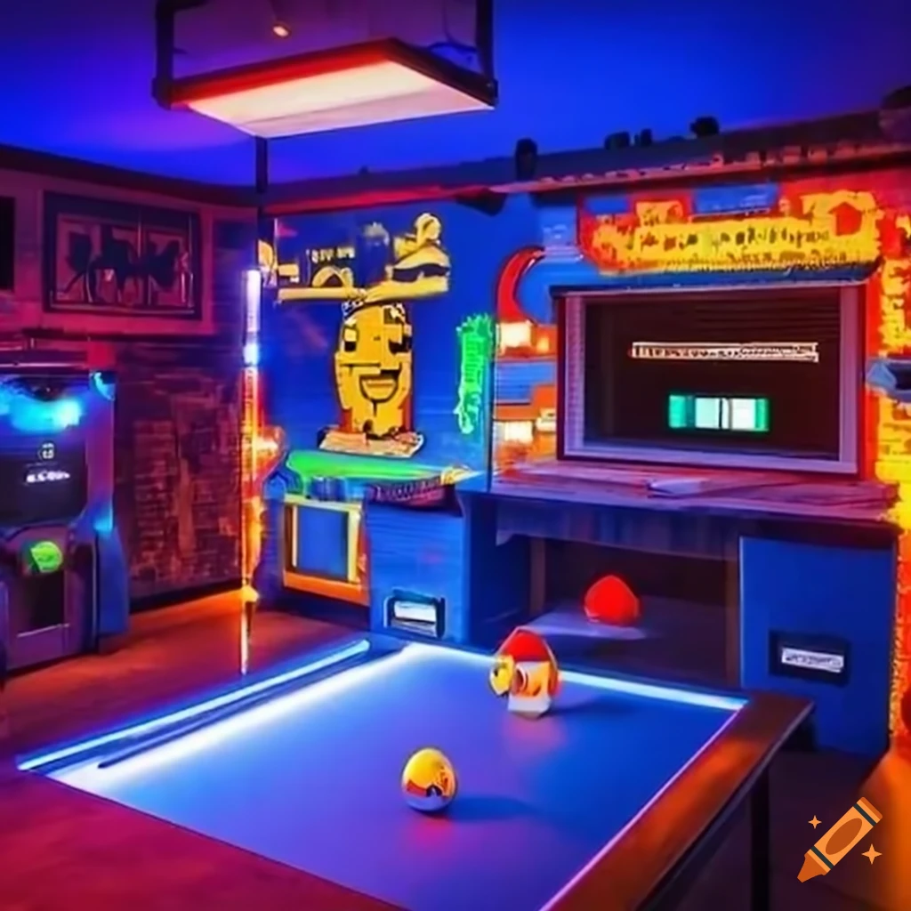 game room inspired by Pac-Man in a garage