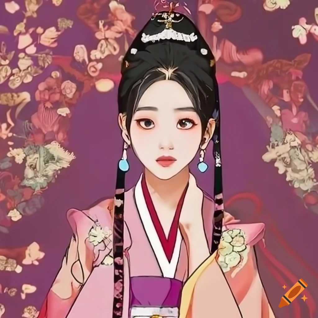 photo of a Korean girl in traditional dress with BTS members