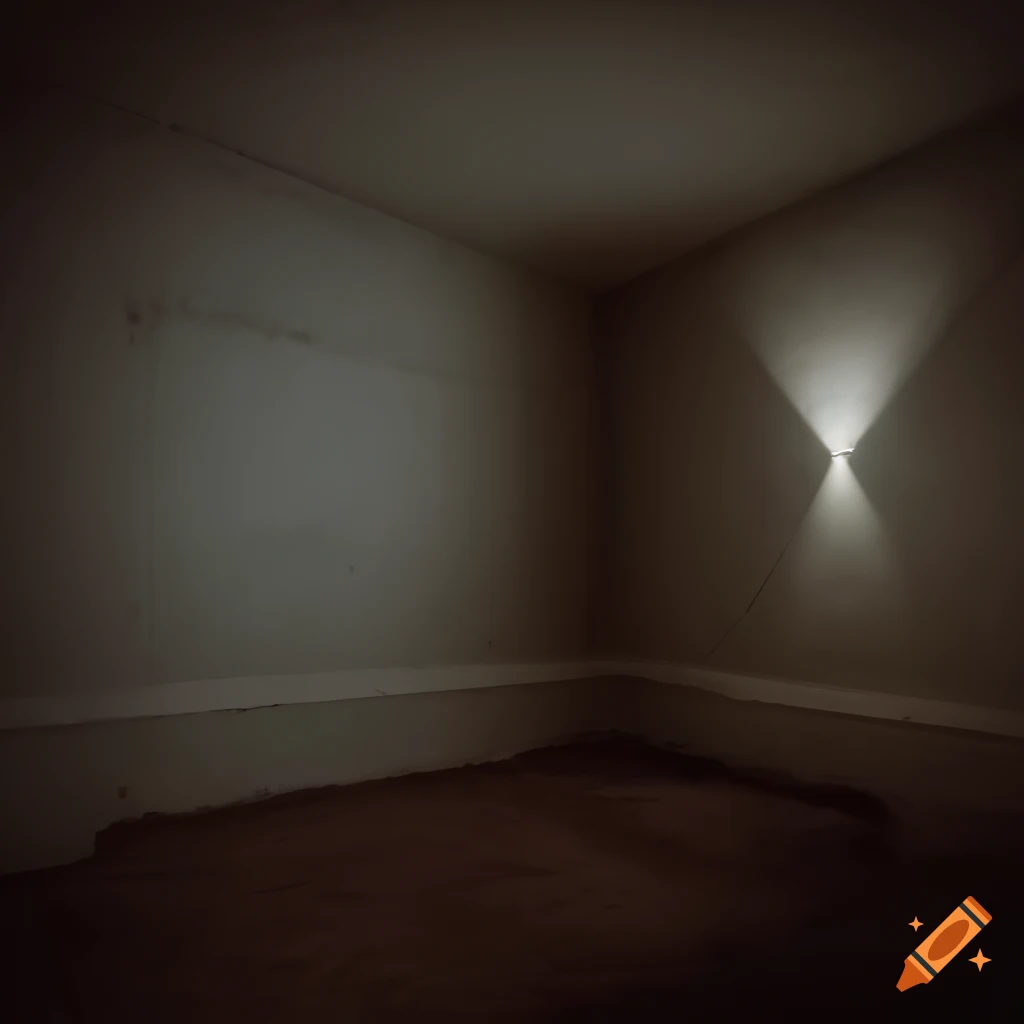 photograph of an empty 90s basement at night