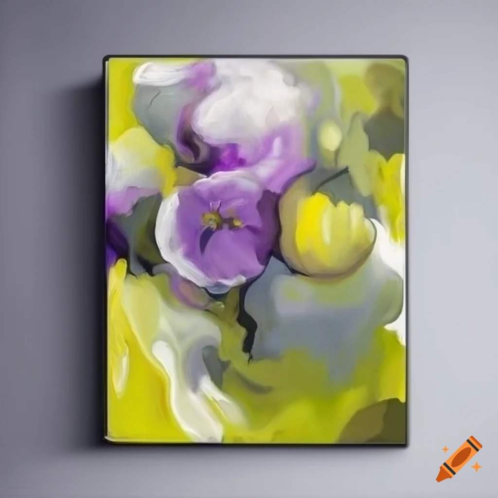 purple, grey, olive green, and yellow floral abstract painting