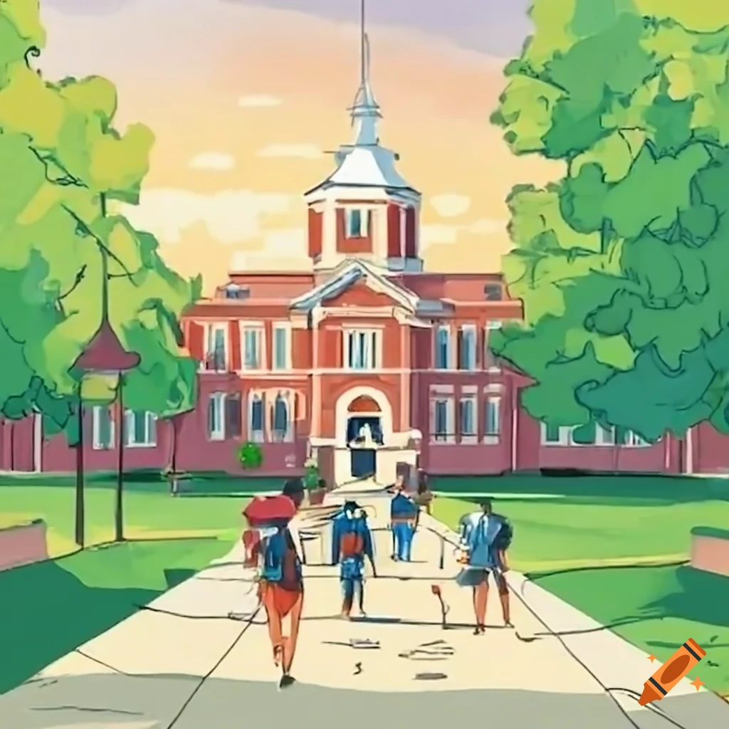 busy college campus on a bright morning