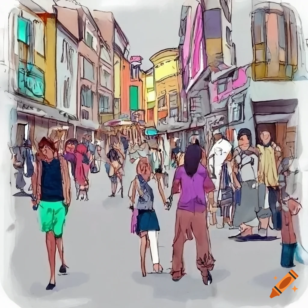 sketch of a friendly neighborhood with people