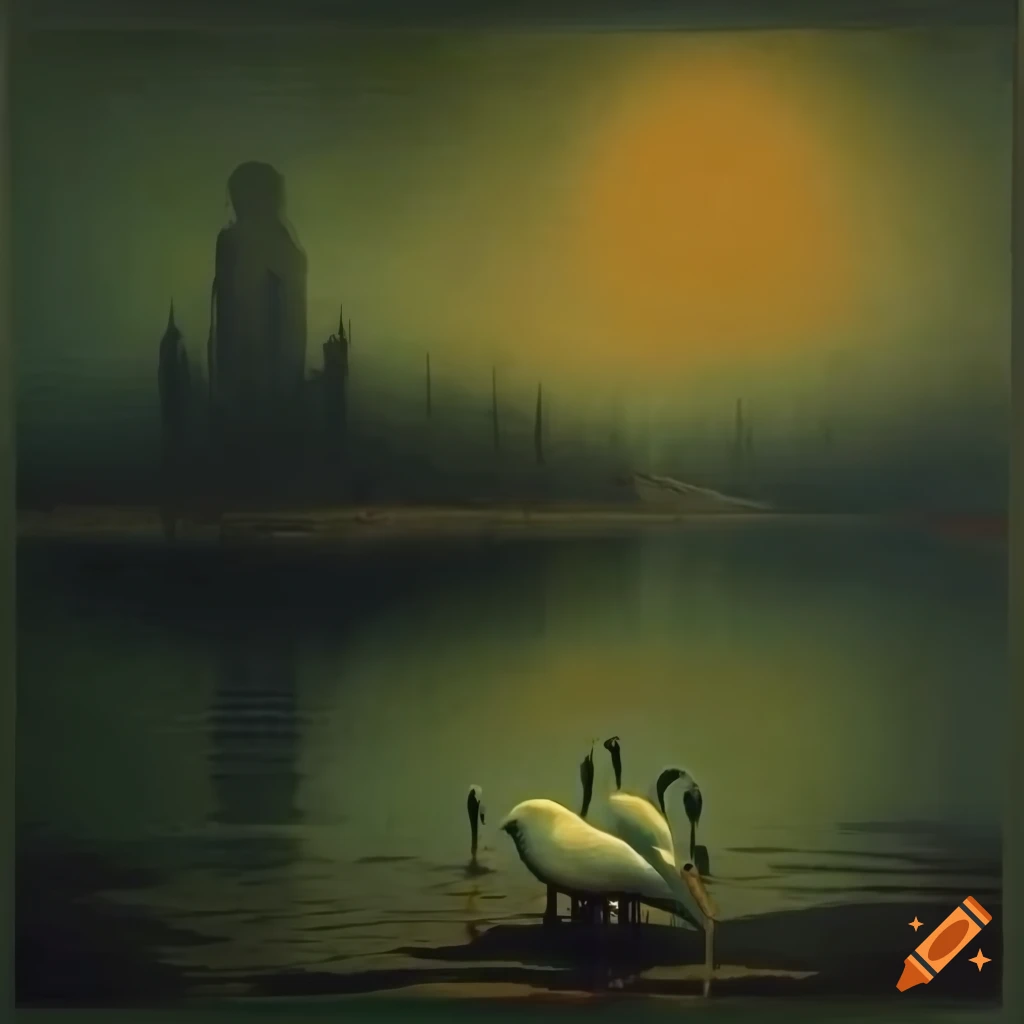 dark and eerie painting of two swans on a desolate beach