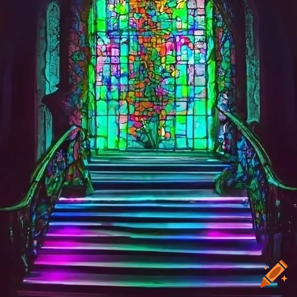 staircase leading to a stunning gothic stained glass window