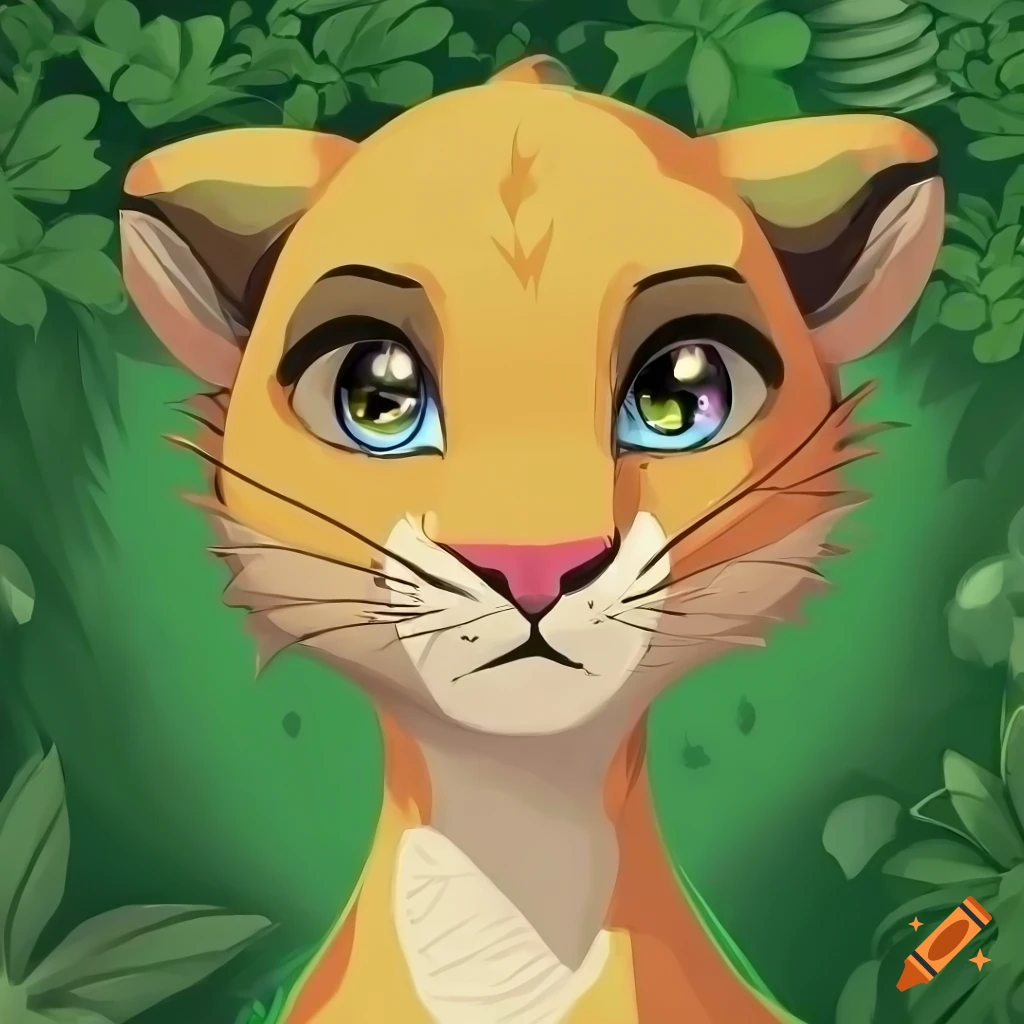 drawing of a female cartoon lioness in a jungle setting