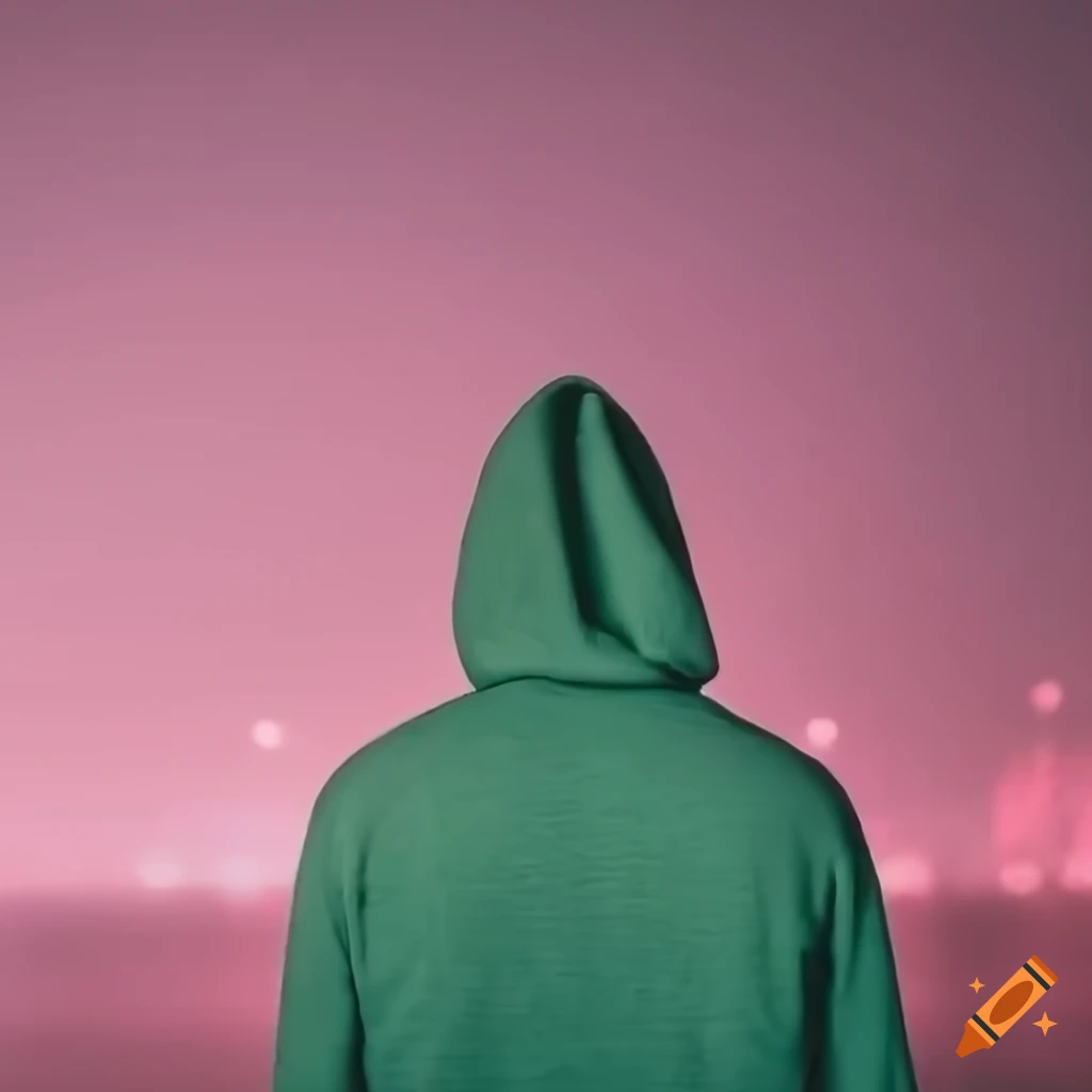 stylish man in a green hoodie with palm trees in the background