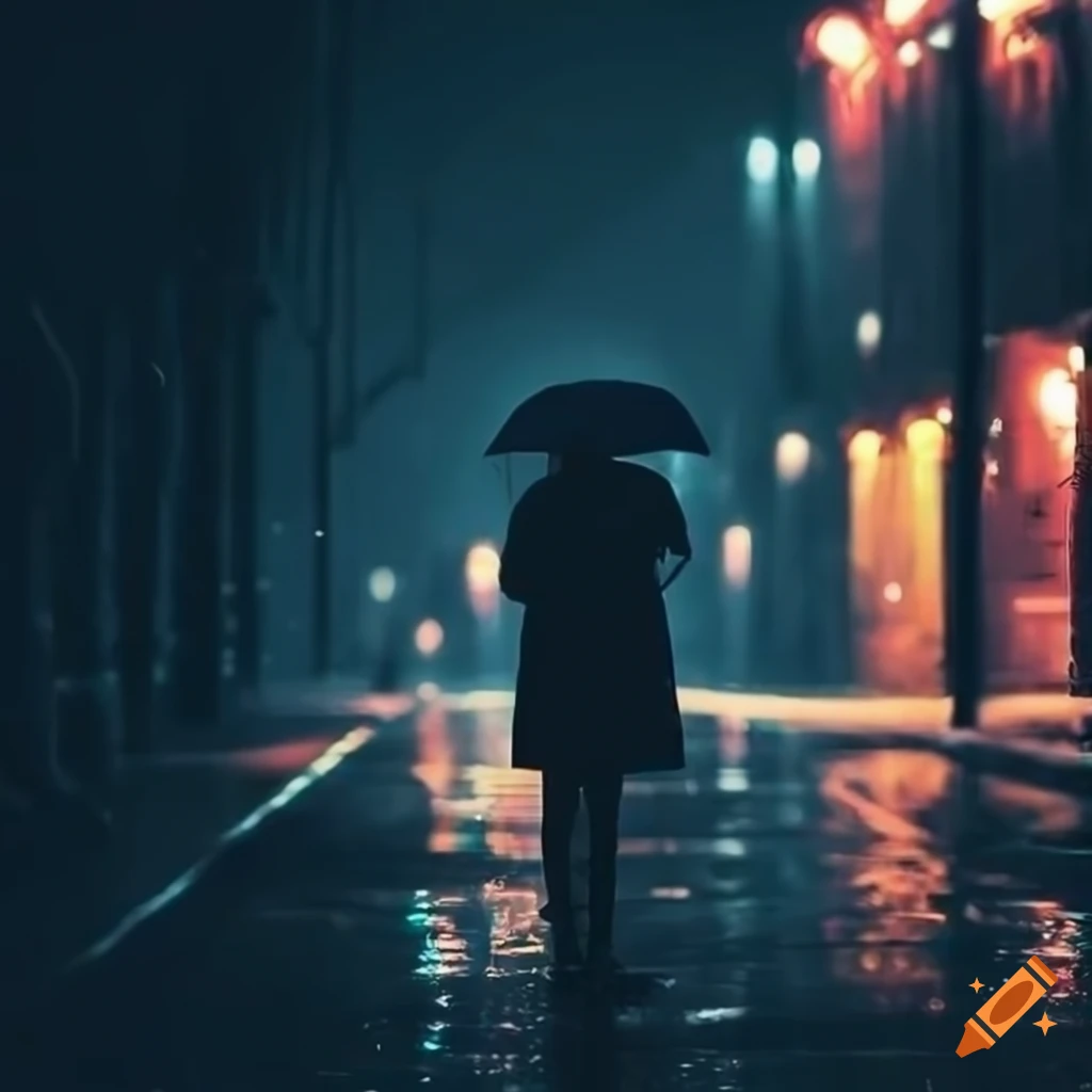 lonely person standing in the rain on a dark street