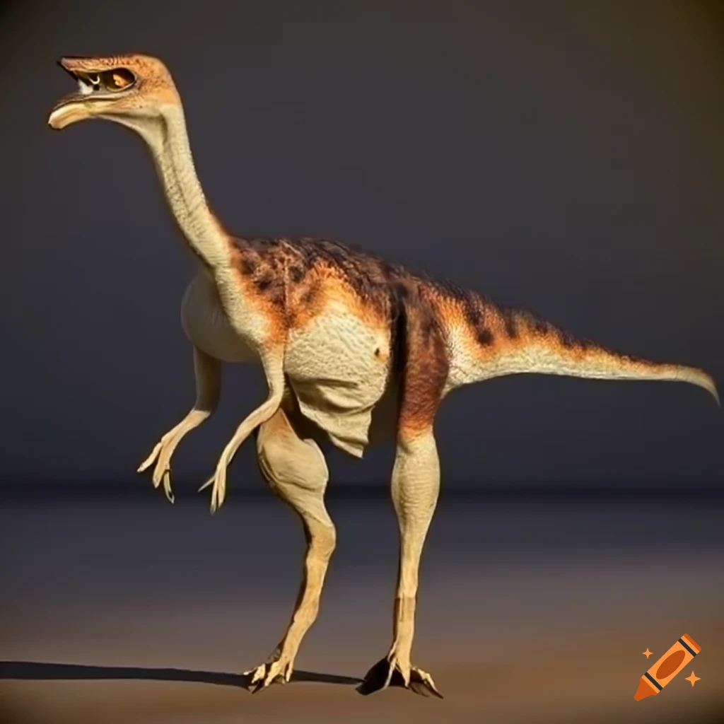 feathered gallimimus dinosaur in warm morning light