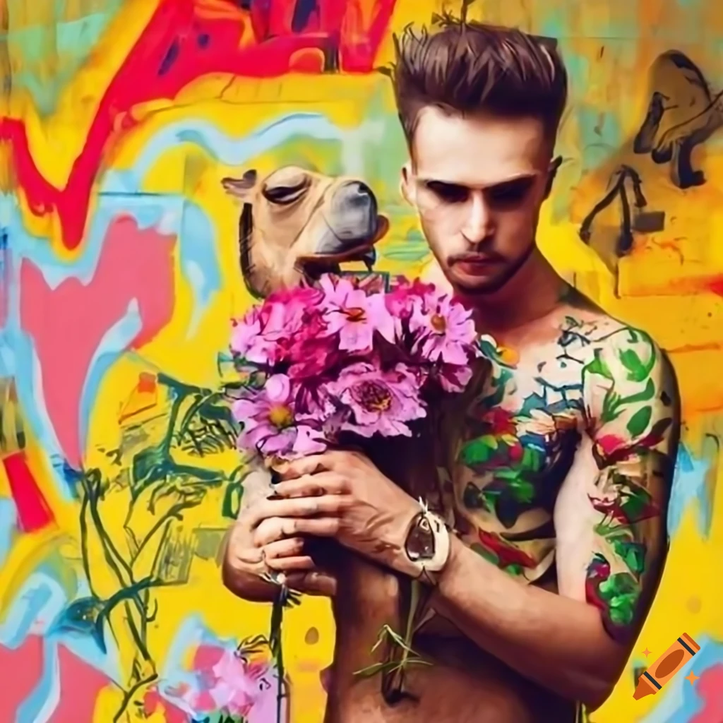 graffiti-style artwork of a man with flowers on a camel