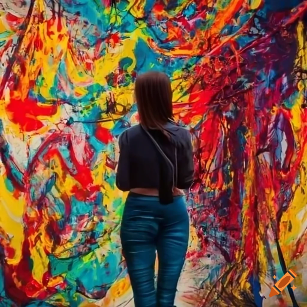woman observing colorful abstract painting in gallery