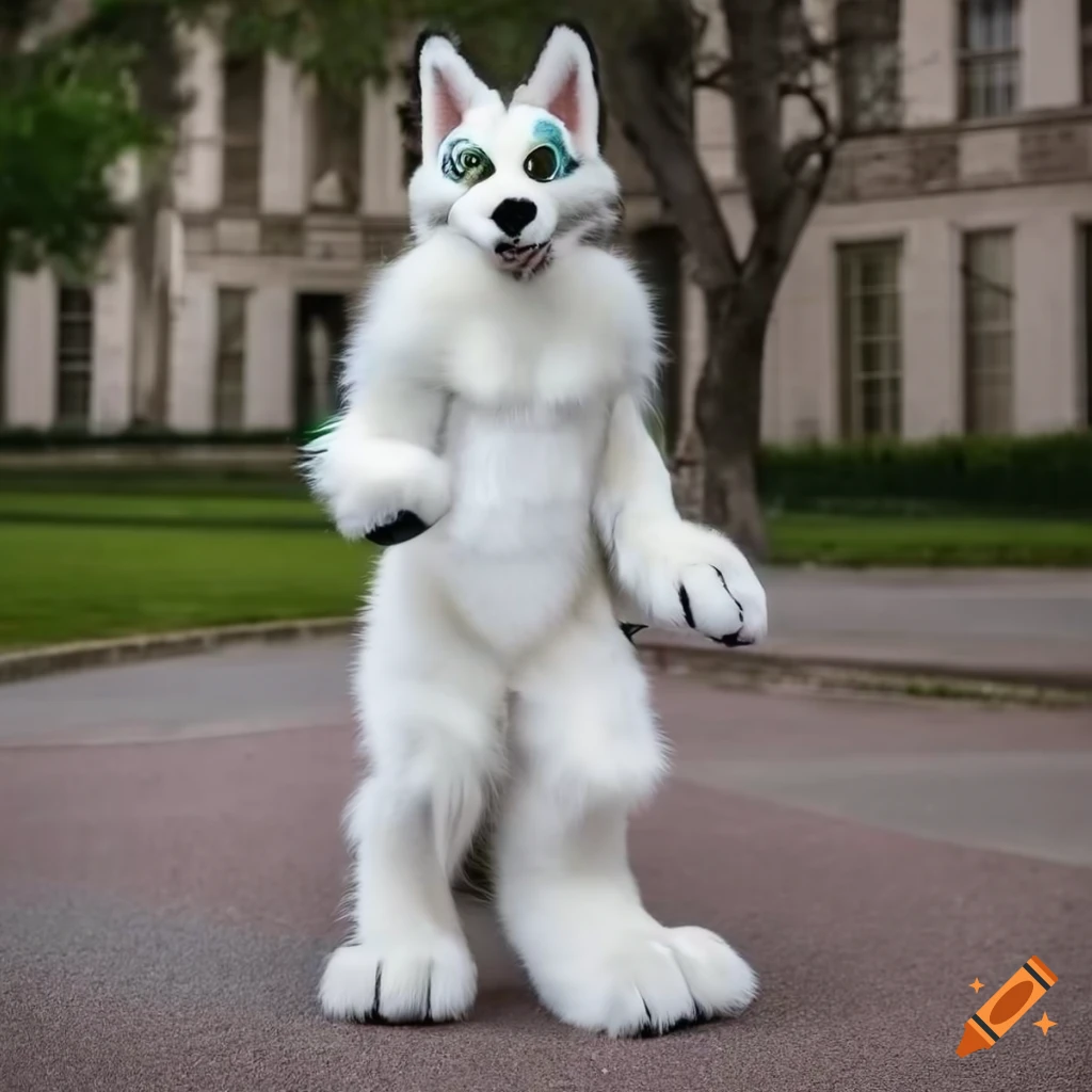 realistic white husky fursuit walking on the sidewalk