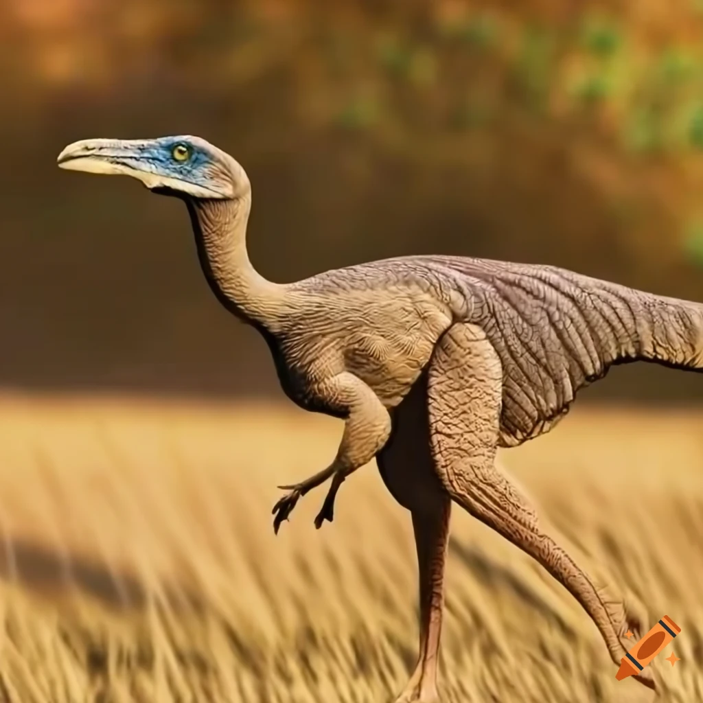 feathered gallimimus dinosaur in warm morning light