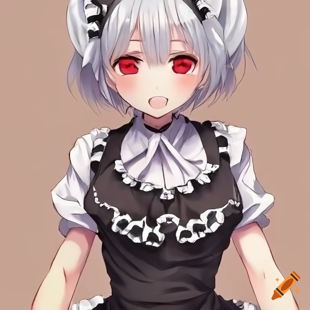 anime maid with white short hair and red eyes