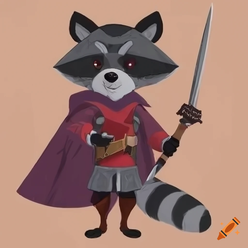 stylized raccoon character sheet with a red cape and black hat