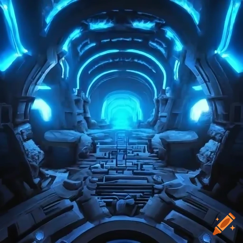 a futuristic labyrinth viewed from above with blue lighting
