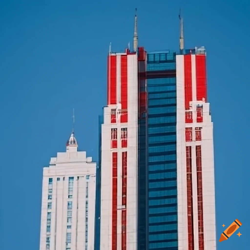 red, white, and blue skyscraper building