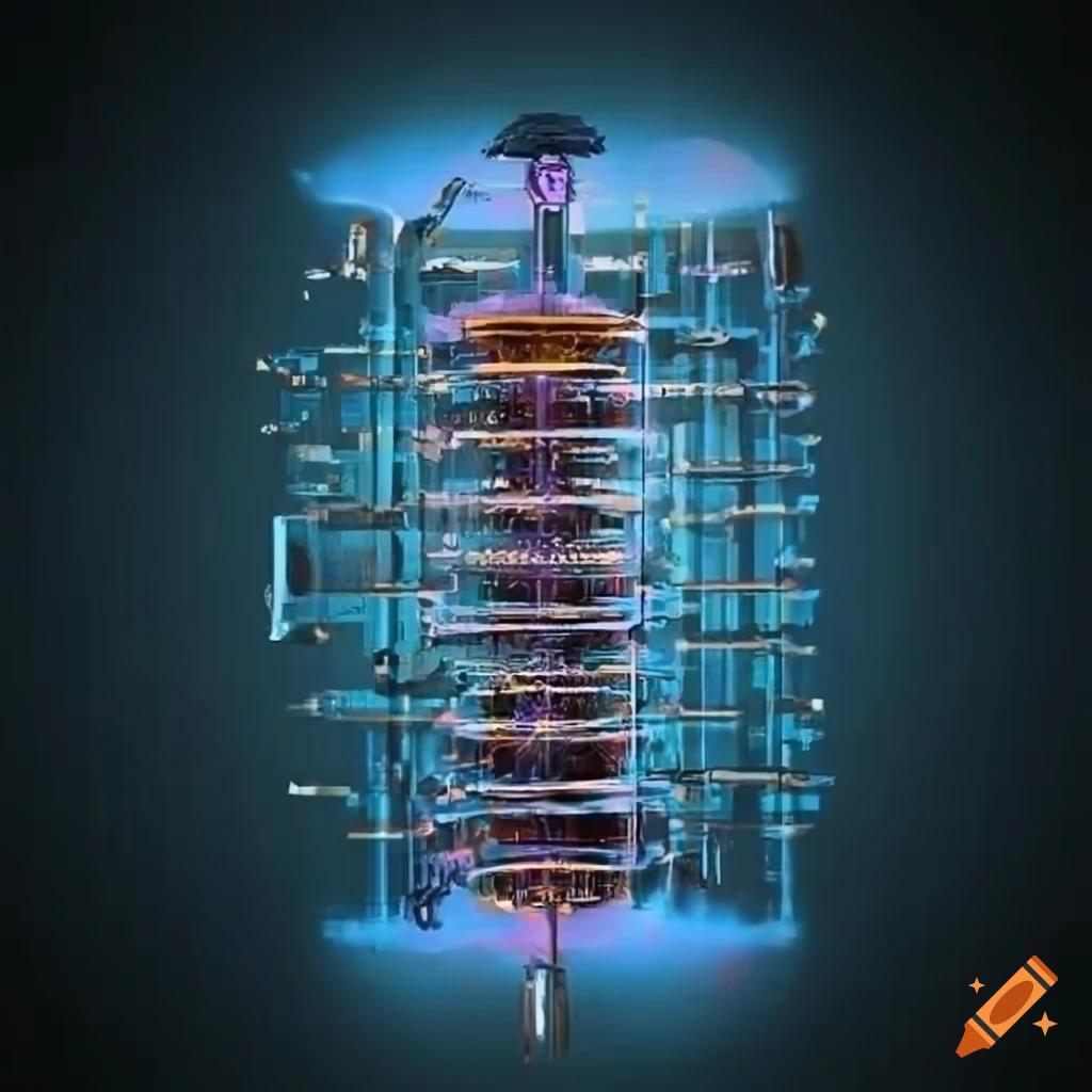scientific drawing of a superconducting quantum computing setup in Fallout 3 style