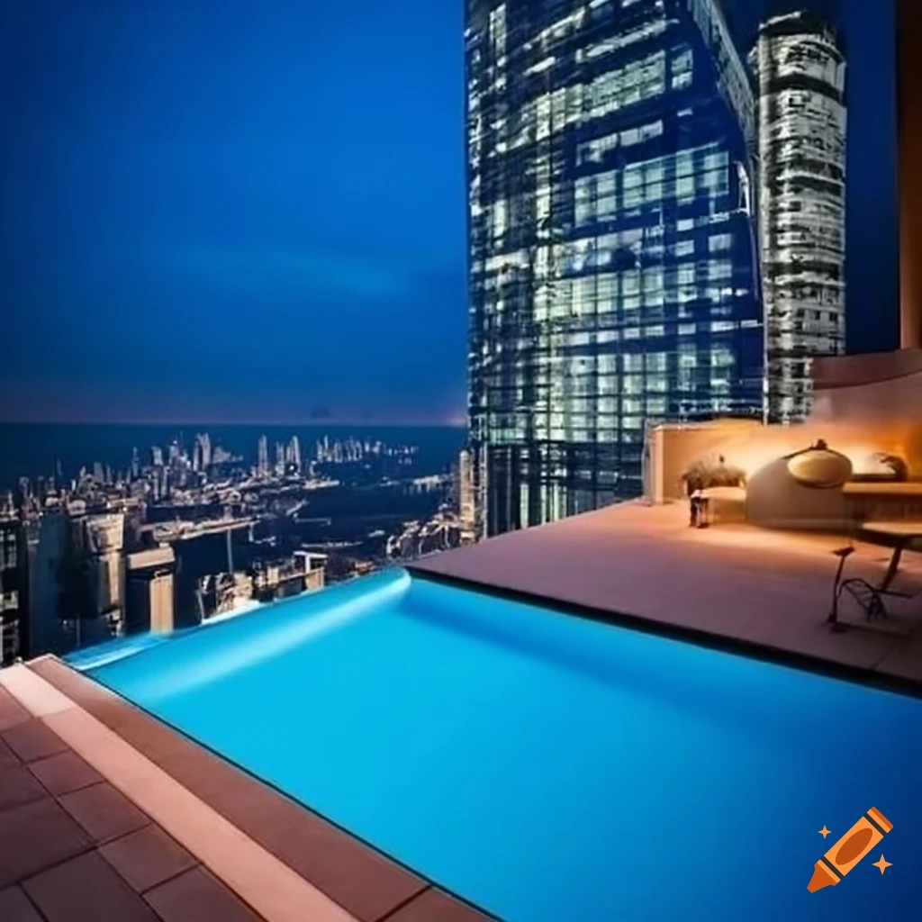 urban skyscraper with rooftop pool