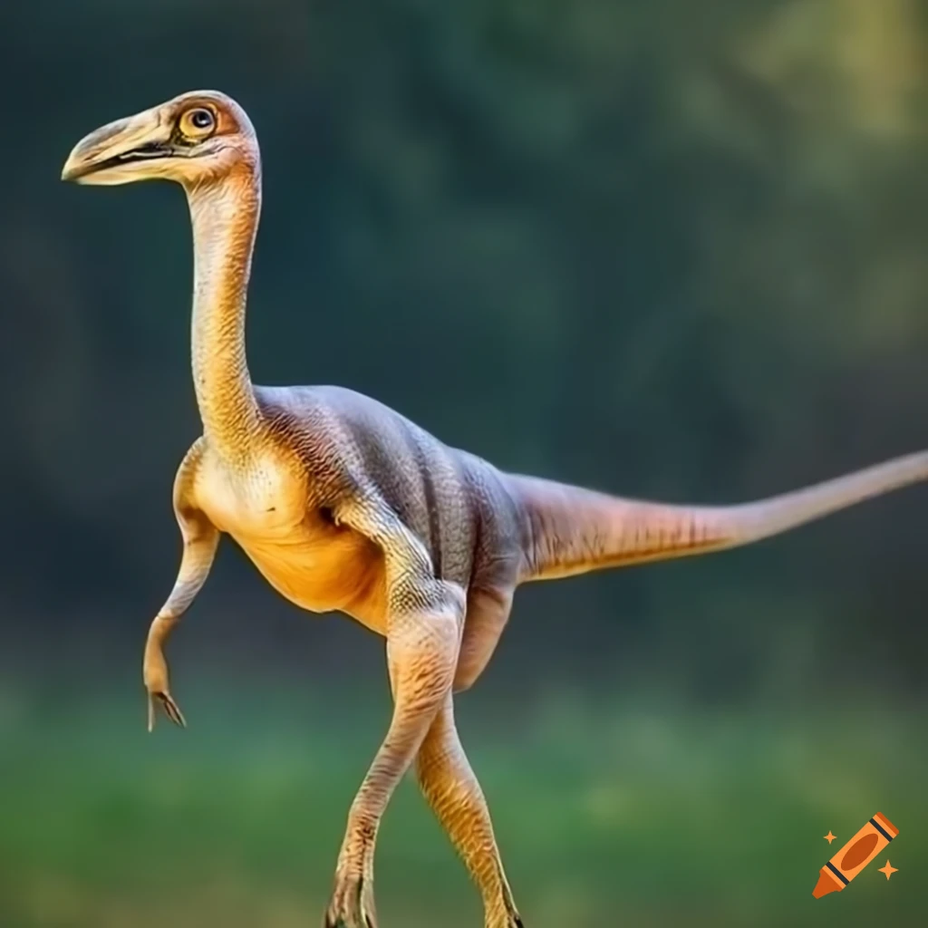 feathered gallimimus dinosaur in warm morning light