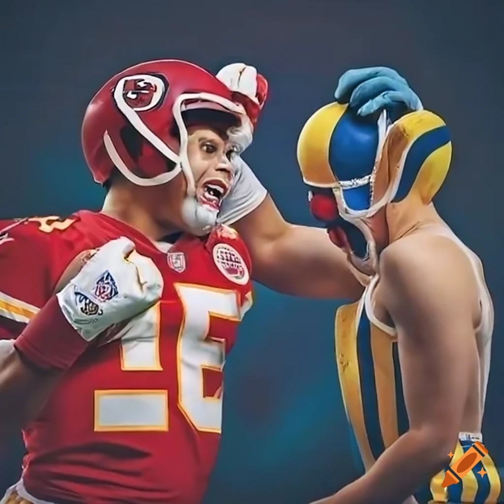 clowns in football helmet Boxing match between Patrick Mahomes and Jared Goff with circus clowns on  Craiyon