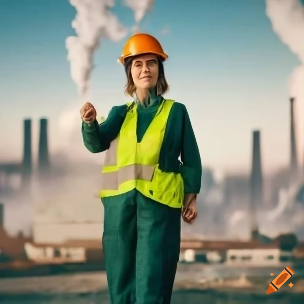 female engineer in overalls with factory in background