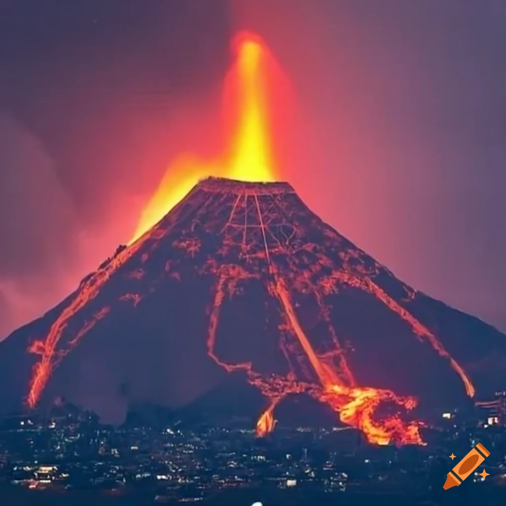Eiffel Tower with erupting volcano in the background