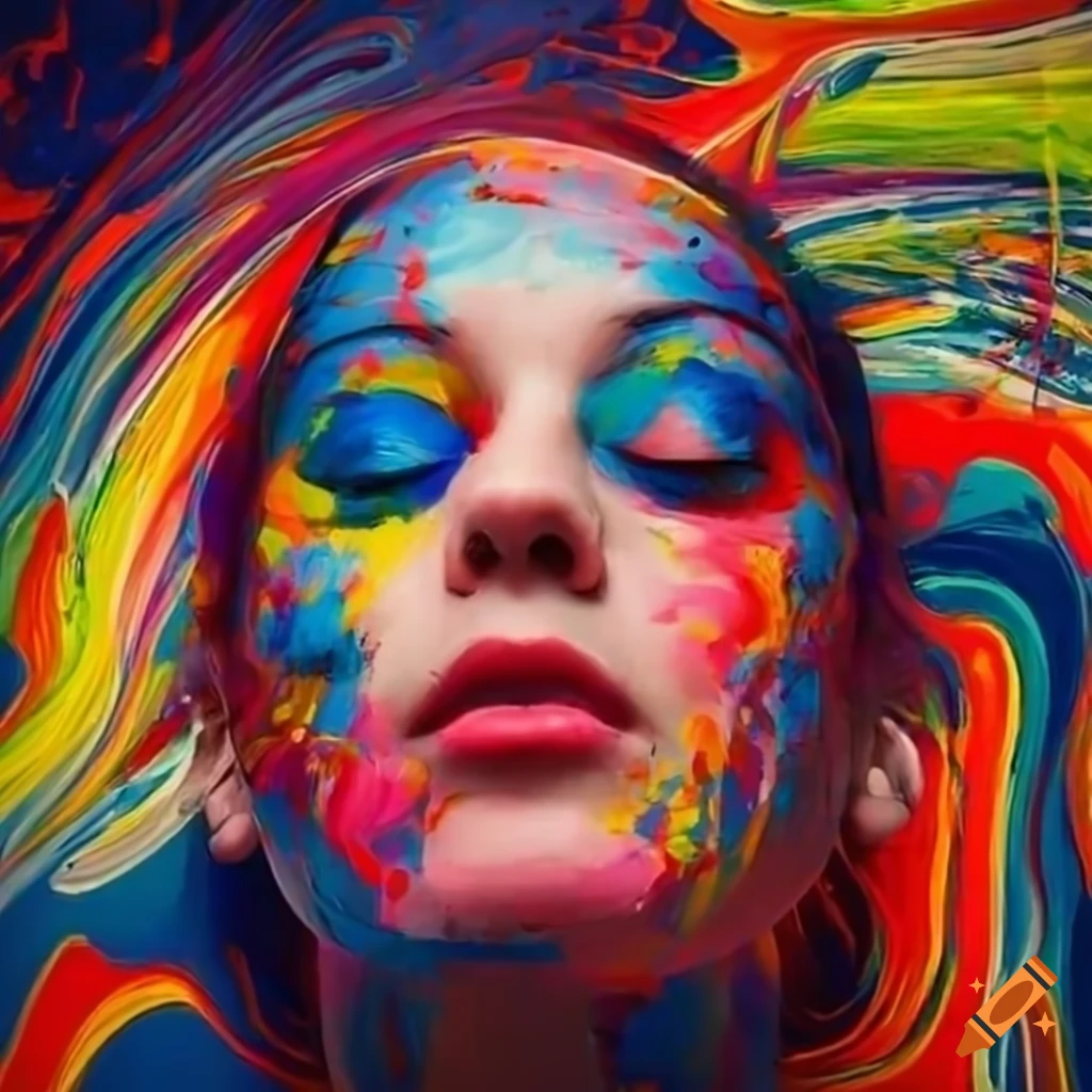woman observing colorful abstract painting in gallery